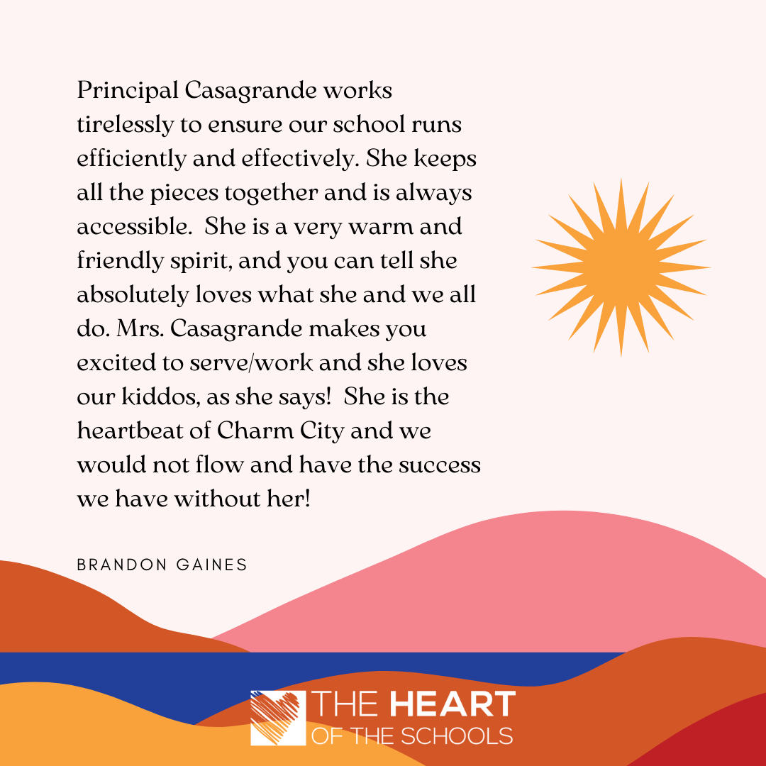 Tribute to Principal Casagrande, text on pink background with sun graphic, mountains, and logo 