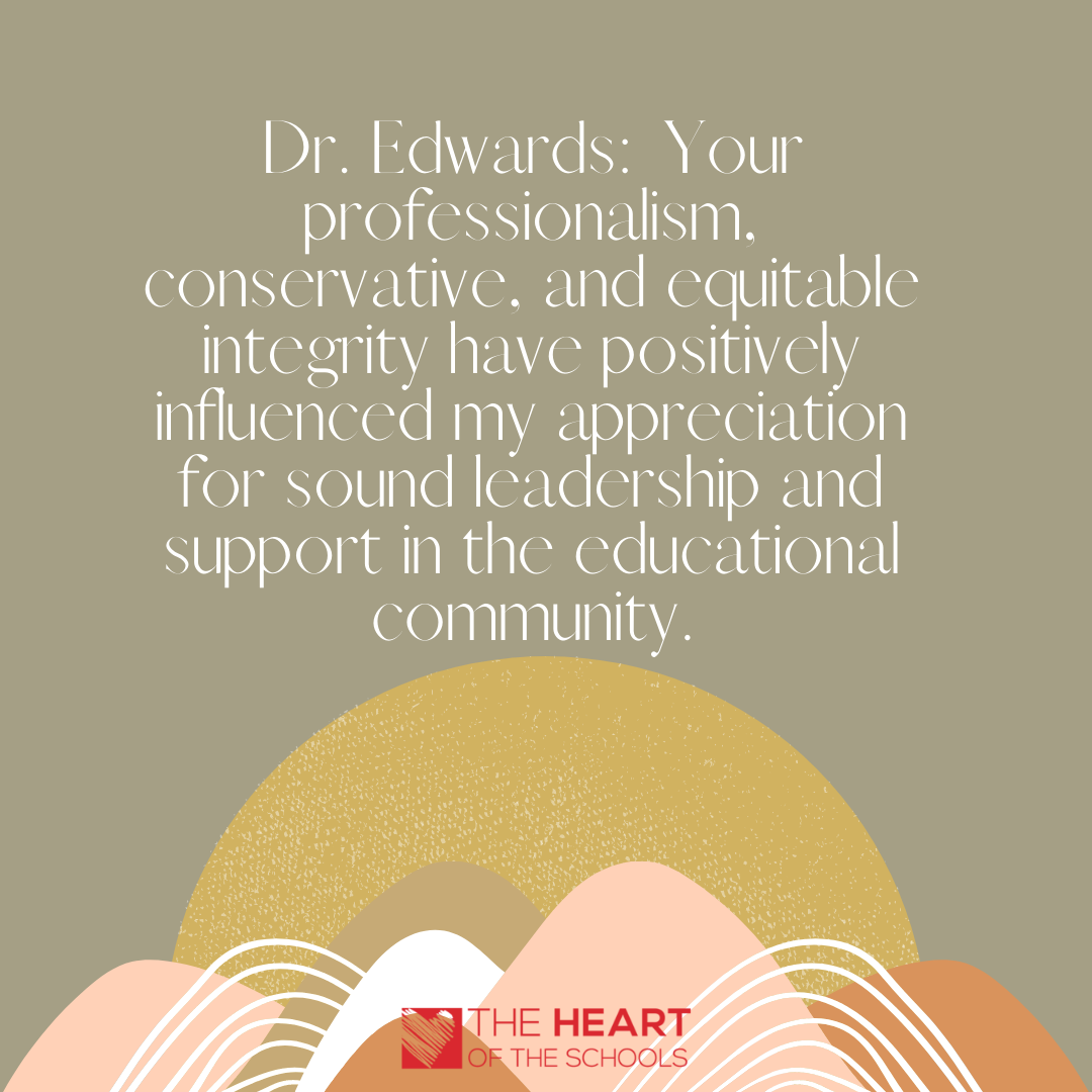 Text on a green background. Praising Dr. Edwards for professionalism and leadership in education, with a sunrise illustration.