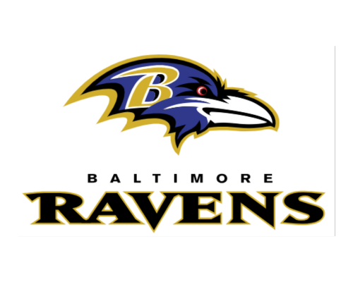 Baltimore Ravens logo: A raven's head in purple, black, and gold, with a stylized 
