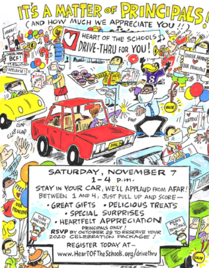 Flyer: Drive-thru appreciation event for school principals. Cars, music, gifts, and treats. Saturday, November 7, 1-4 PM.