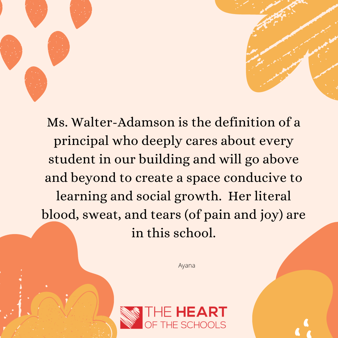 Text about Ms. Walter-Adamson, a caring school principal. Orange and yellow abstract design with logo.