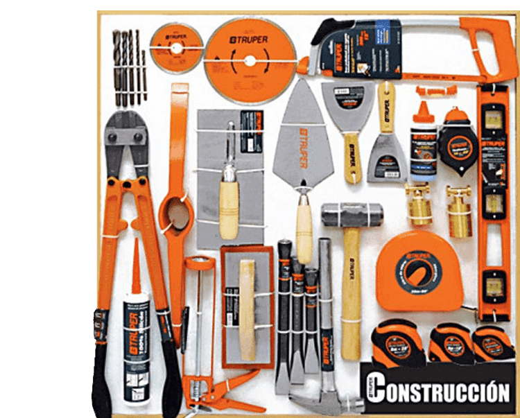 Herramientas de construcción de color naranja y gris dispuestas sobre un fondo blanco, incluidas sierras, martillos y cintas métricas.