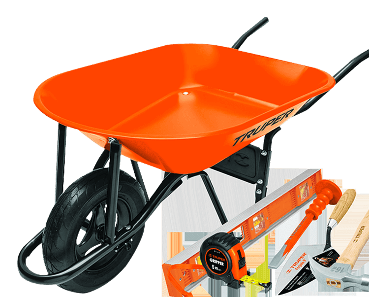 Carretilla naranja con herramientas: nivel, cinta métrica, cincel y sierra.