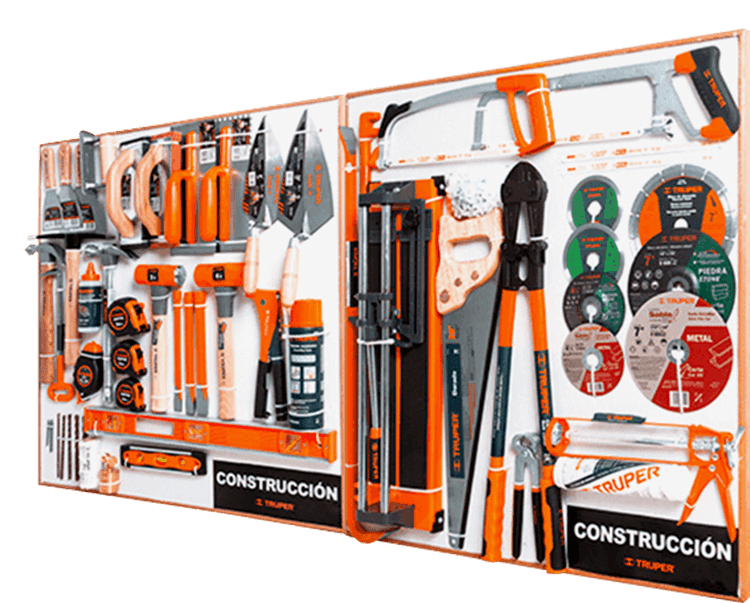 Exhibición de herramientas de construcción Truper, color naranja y plata.