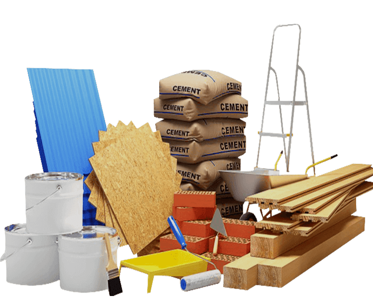 Materiales de construcción: latas de pintura, techos, ladrillos, madera, bolsas de cemento, escalera, herramientas.