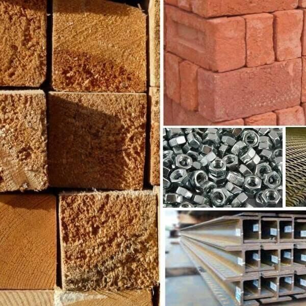 Collage: bloques de madera, ladrillos rojos, tuercas de metal, textura tejida y vigas de acero.