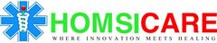 Logo for Homsicare: blue medical star symbol, green "HOMSI" text, red "CARE" text, and text below "WHERE INNOVATION MEETS HEALING".