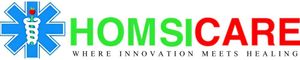 Logo for Homsicare: blue medical star symbol, green "HOMSI" text, red "CARE" text, and text below "WHERE INNOVATION MEETS HEALING".