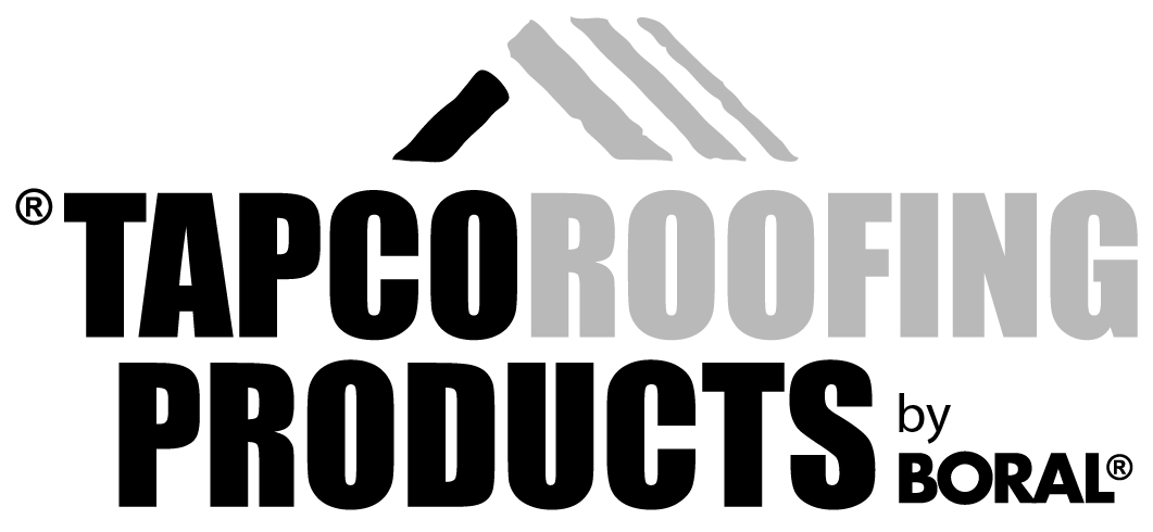 The logo for tapcoroofing products by boral is black and white.