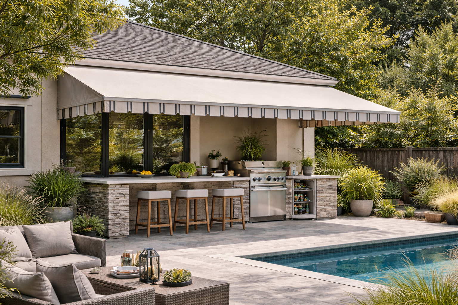 A stone-covered outdoor kitchen with bar stools by a pool under a white awning, surrounded by lush greenery.