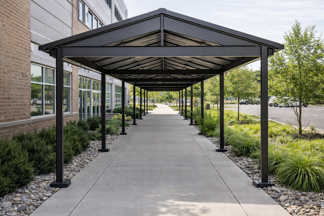 A white retractable awning mounted to the exterior wall of a building against a blue sky.