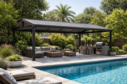 A poolside patio with a dark metal pergola, outdoor seating, a grill, and dining area surrounded by trees.