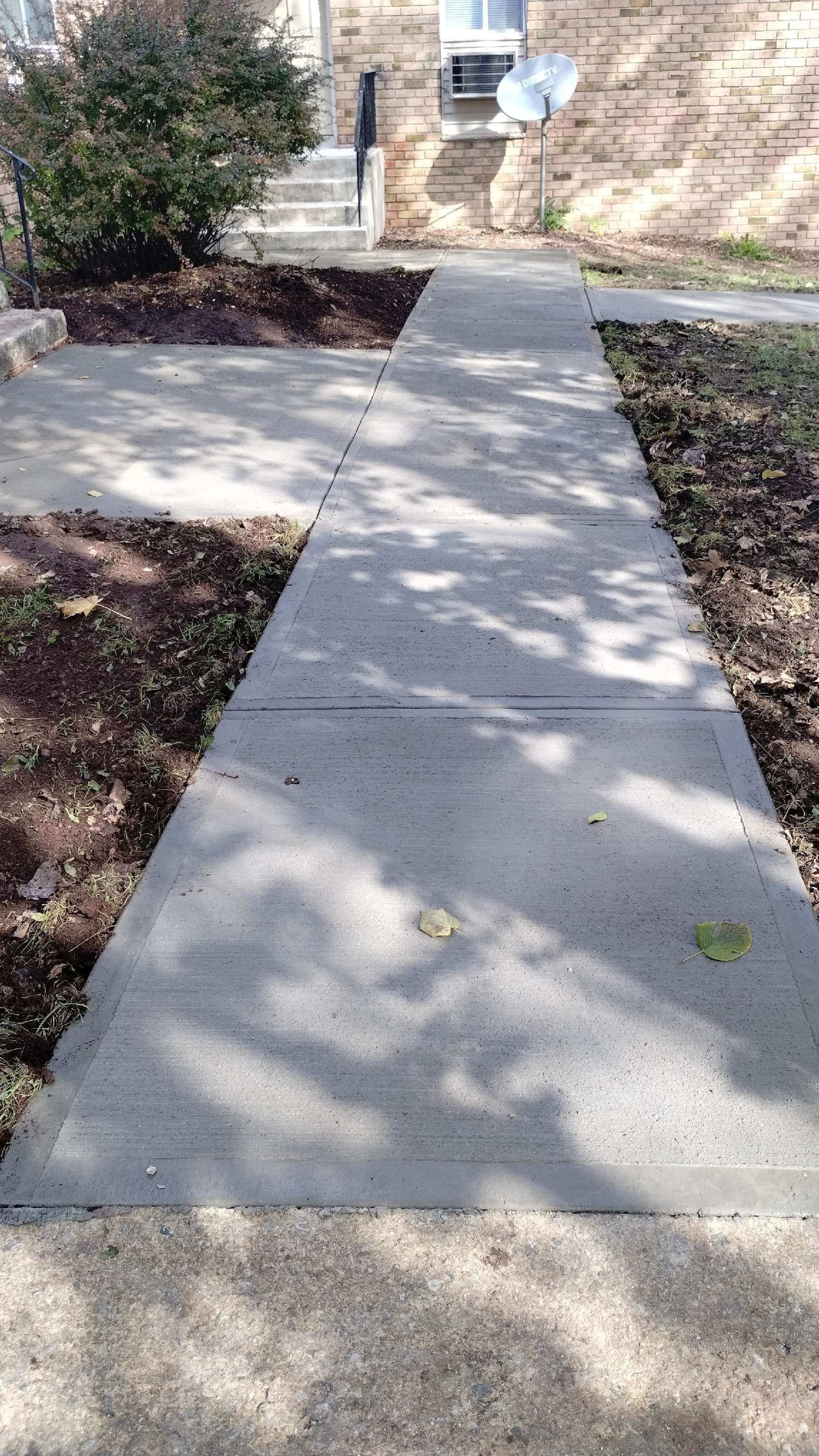 Concrete sidewalk leading towards a building entrance, shadowed by trees; surrounding landscaping.