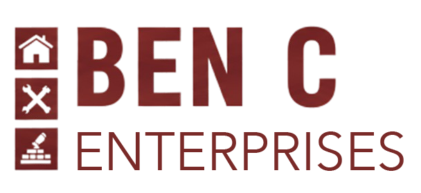 Logo for Ben C Enterprises, a construction company. Red text, icons for house, tools, and brickwork.