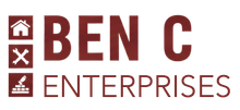 Logo for Ben C Enterprises, a construction company. Red text, icons for house, tools, and brickwork.