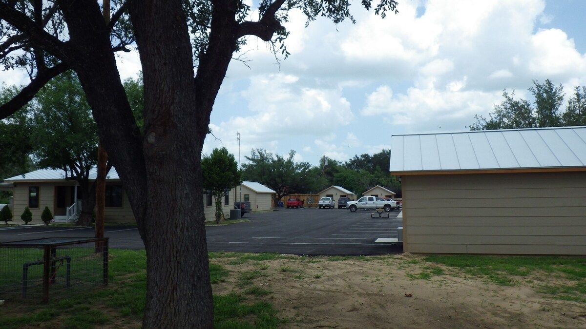 A parking lot with a tree in the foreground and a building in the background