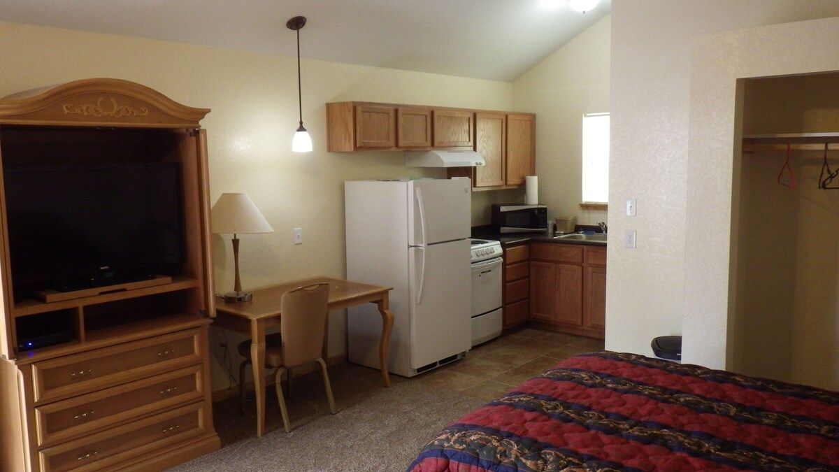 A bedroom with a bed a refrigerator a desk and a television