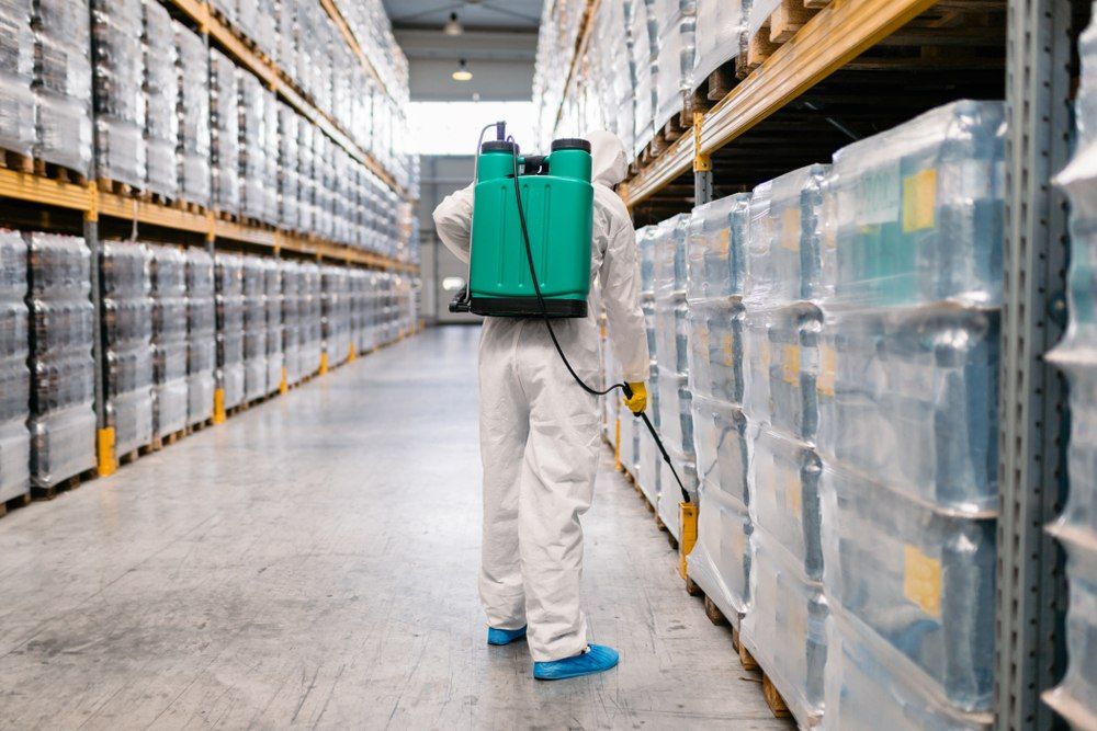 A Man in a Protective Suit is Spraying Chemicals in a Warehouse — TCB Pest Control Canberra In Greenway, ACT