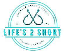 Logo for "Life's 2 Short Fishing Charters," featuring crossed fishing hooks, turquoise text, and a round design.
