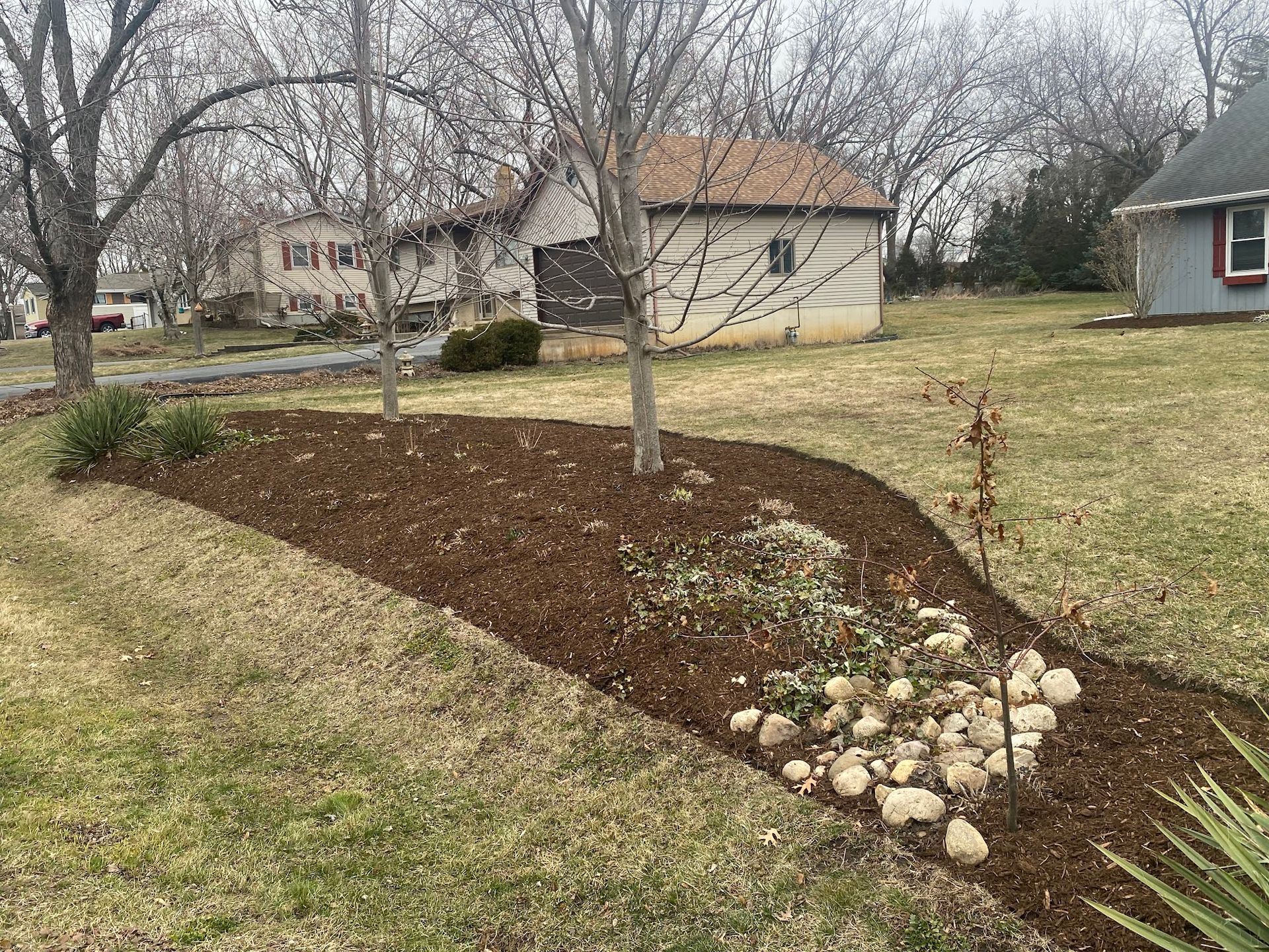 There is a house in the background and a garden in the foreground.