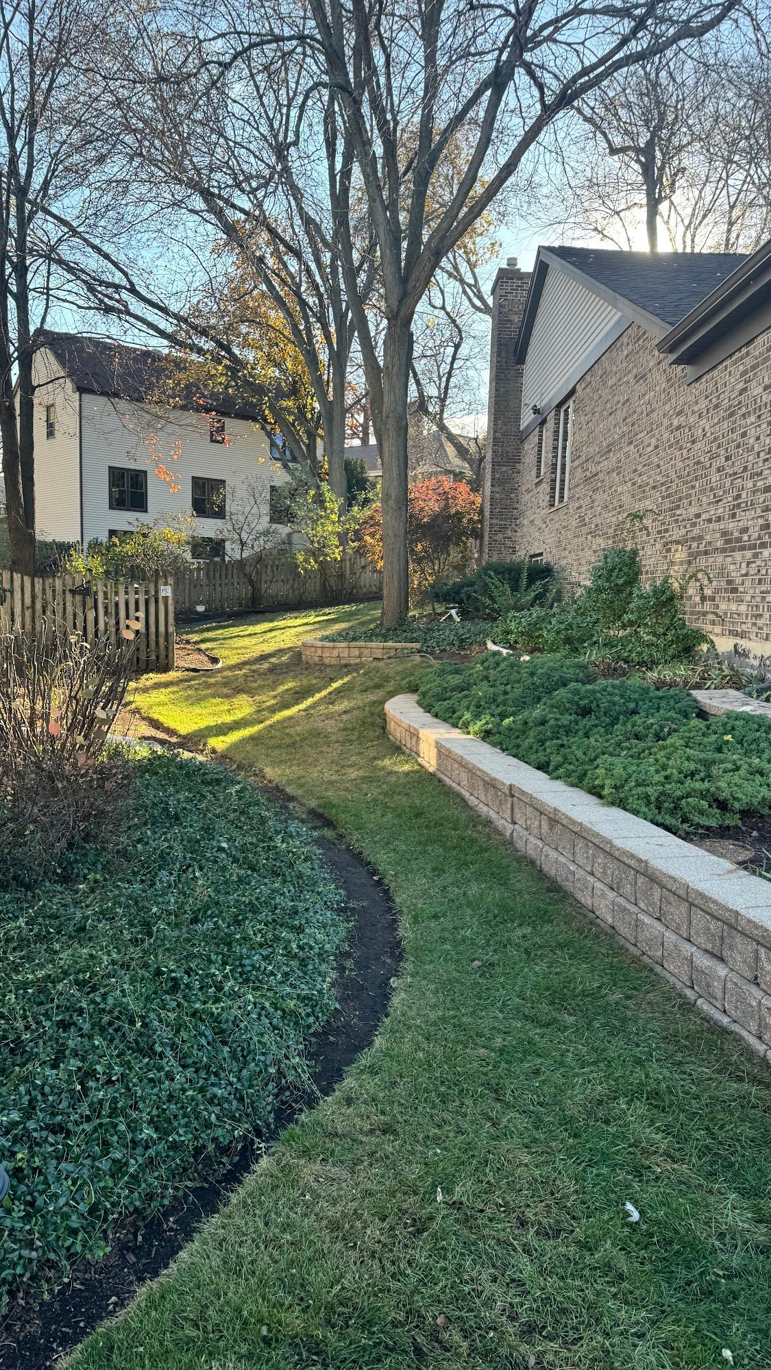 A lush green yard with a stone wall and a house in the background.