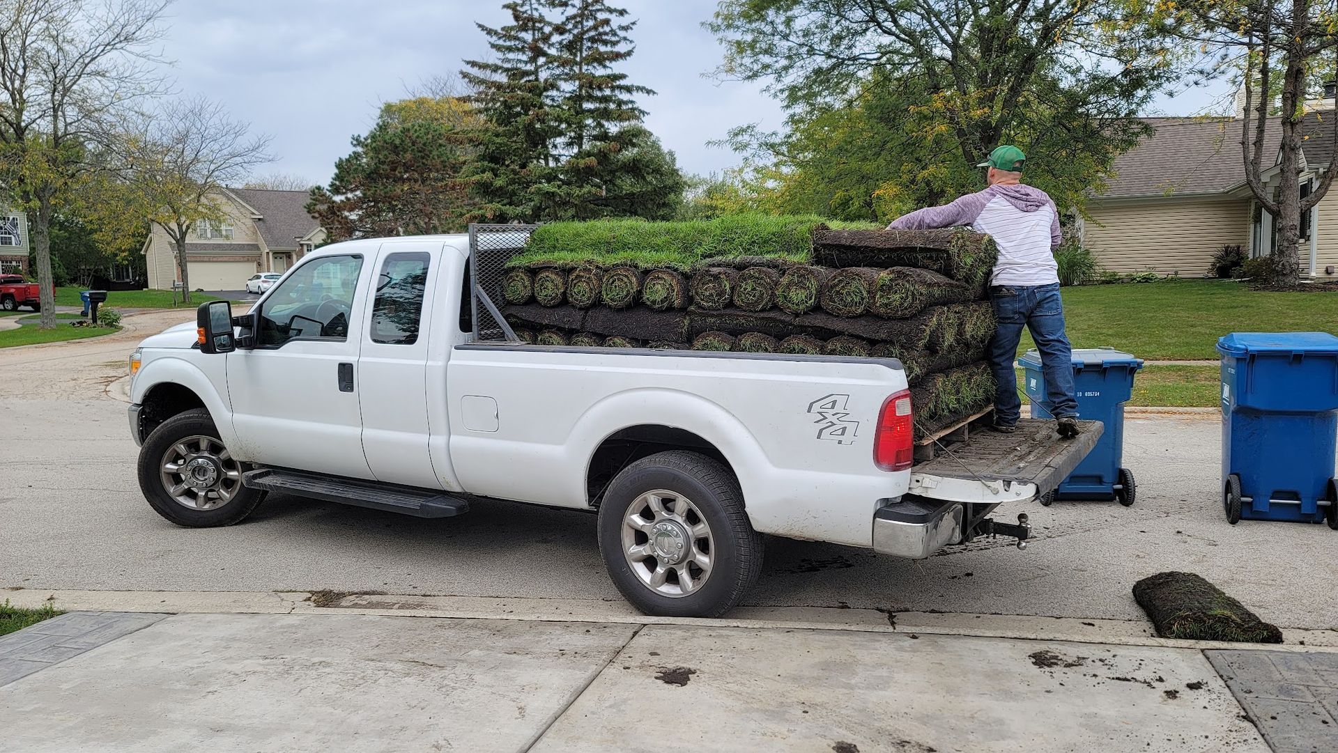 A man is loading grass into the back of a white truck.