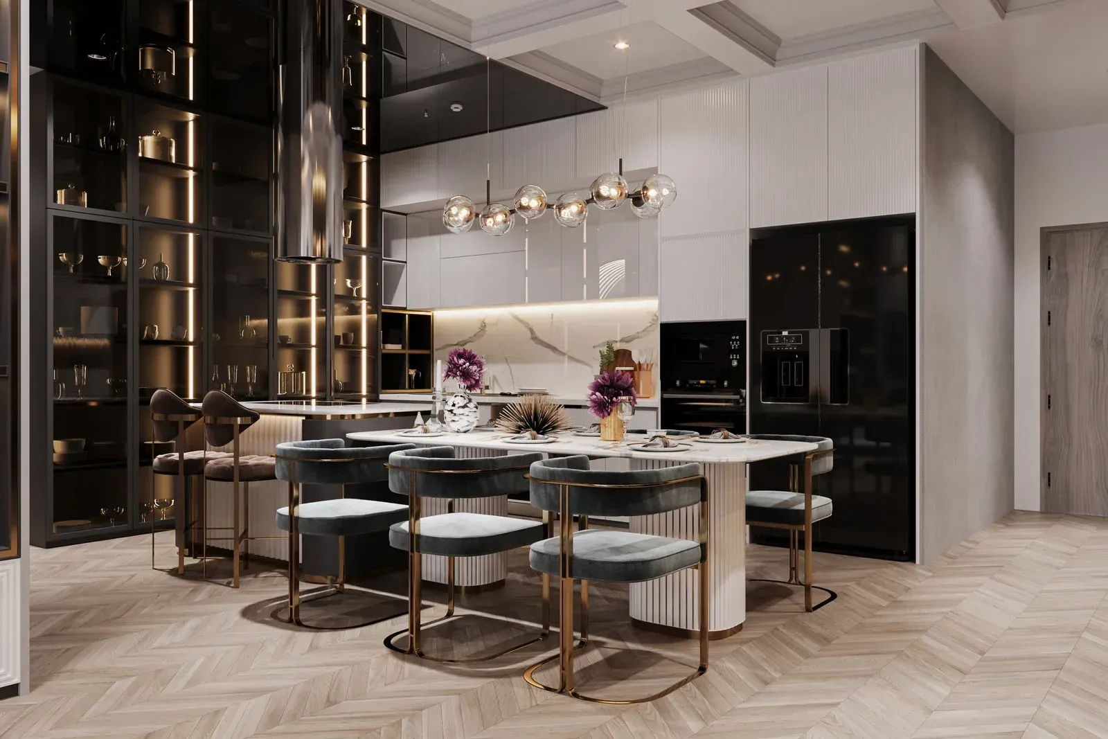 There is a dining table and chairs in the middle of the room.