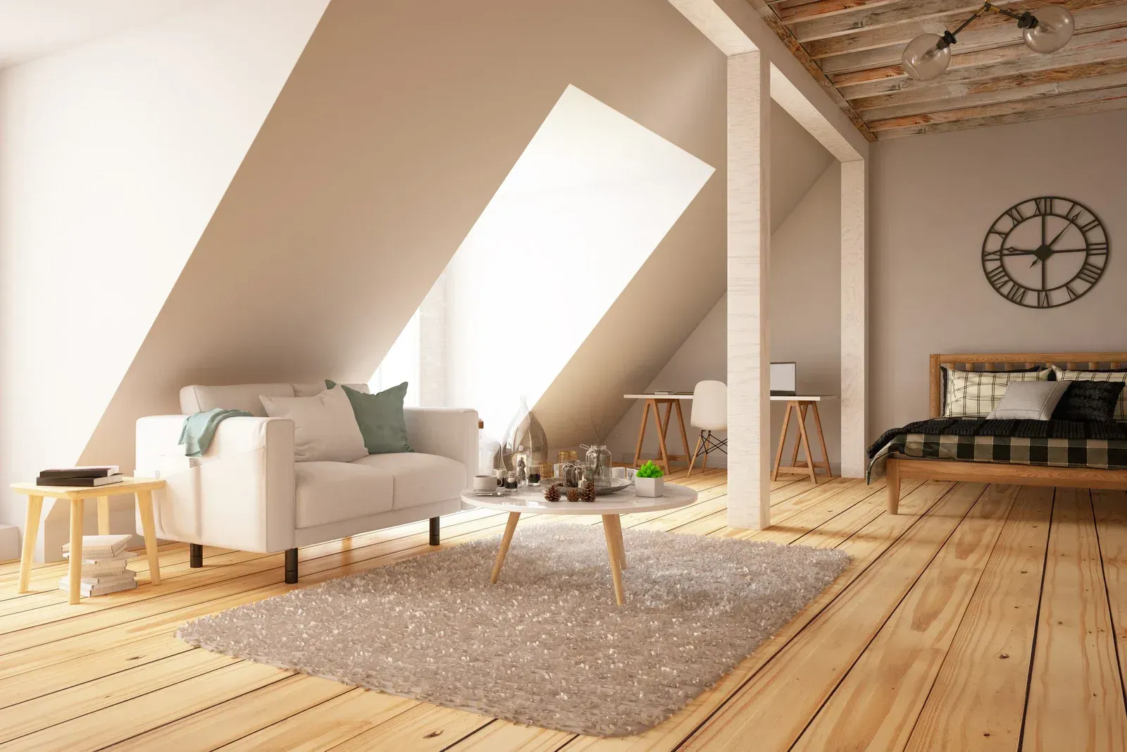 A living room with a couch , coffee table , and a clock on the wall.