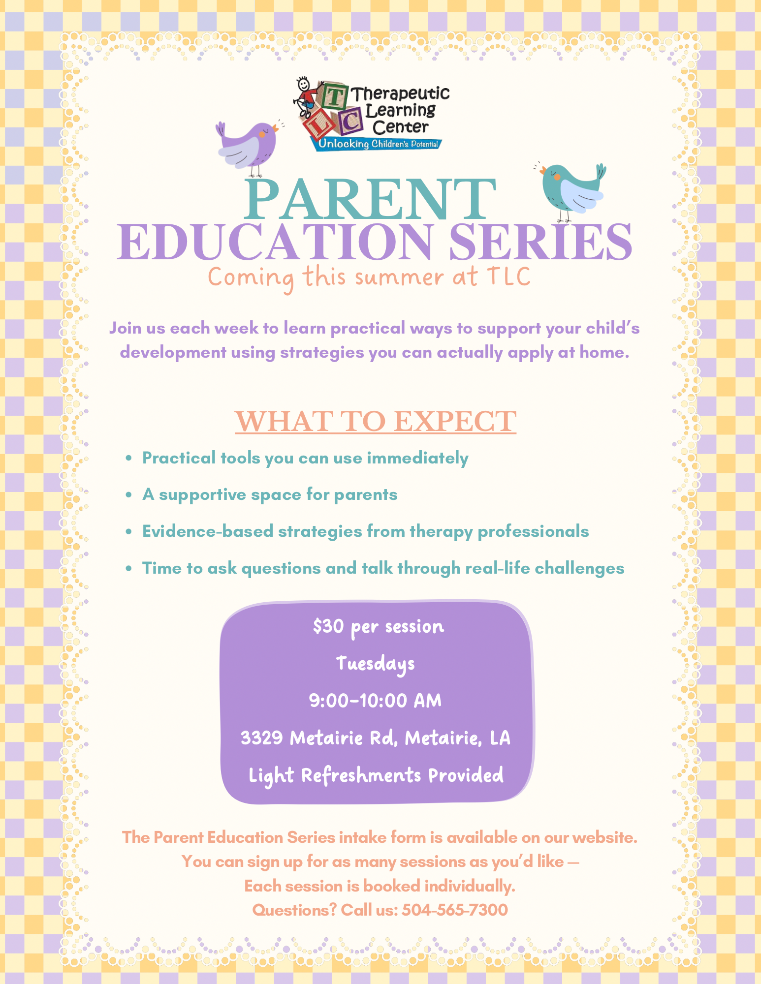 Flyer for social groups. Children's illustrations. Information on skills learned, age groups, times, and clinic locations.