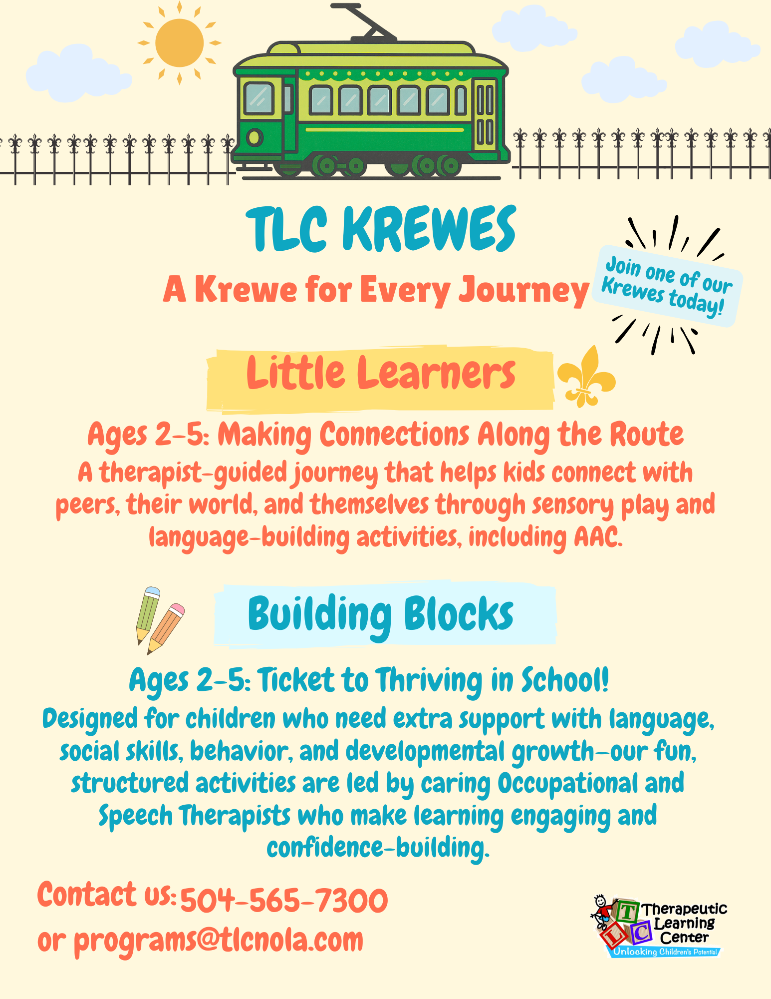 Flyer for TLC KREWES, children's programs. Features a trolley, text describing 