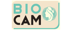 Logotipo: texto &ldquo;BIO CAM&rdquo; con un perfil de mujer y un gr&aacute;fico de esfera geom&eacute;trica, todo en un rect&aacute;ngulo de color crema.