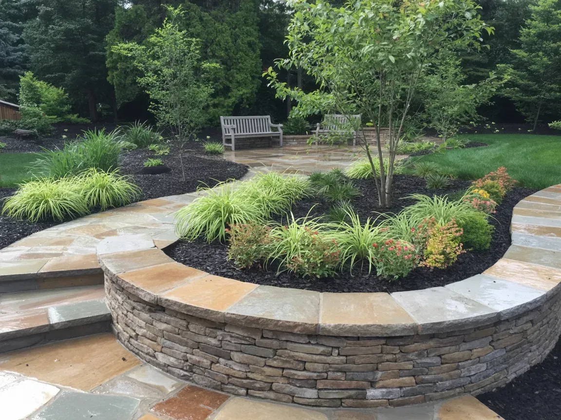 Stone pathway curves through landscaped garden with a small tree and benches in the background.