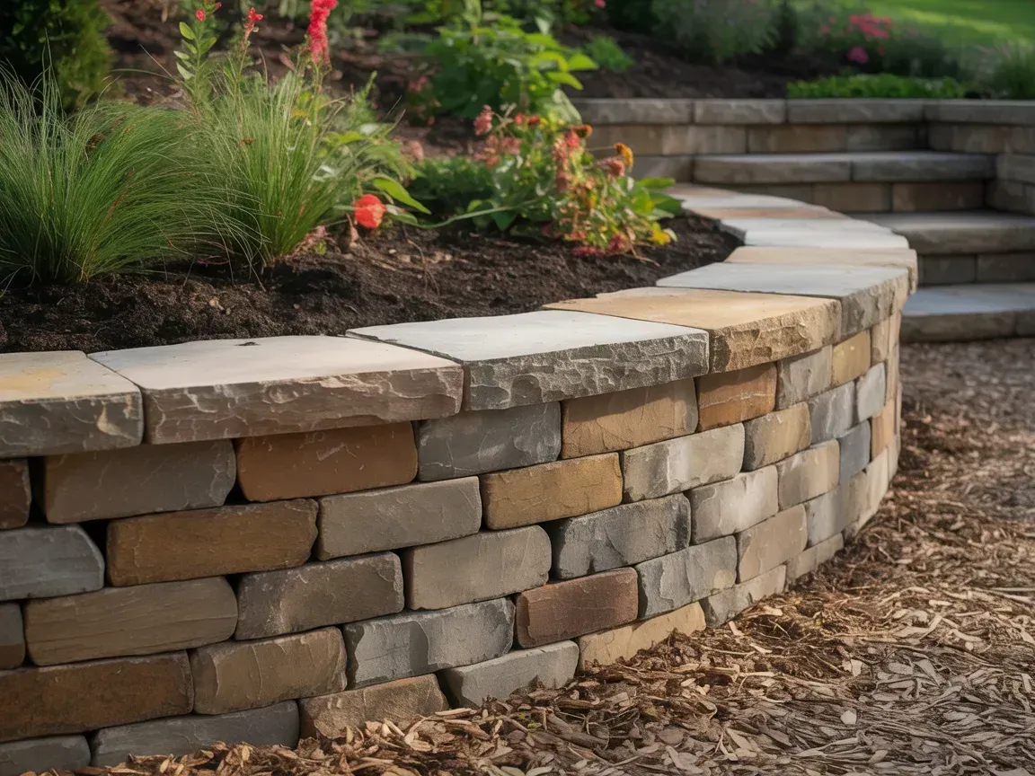 Curved stone retaining wall with plants and steps in a garden setting.