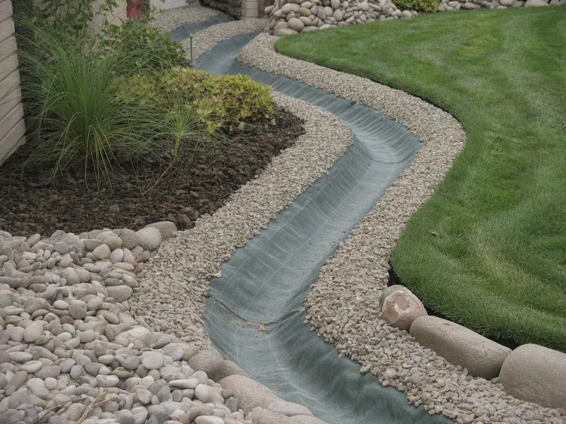 Gravel-lined drainage channel in a grassy yard, with dark lining and decorative rock border.