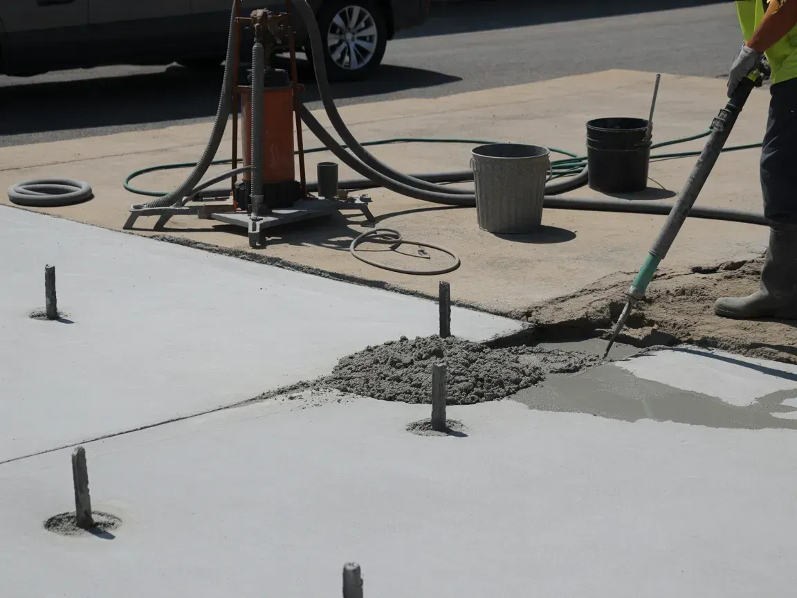 Person pouring cement onto concrete surface. Equipment and buckets are nearby.