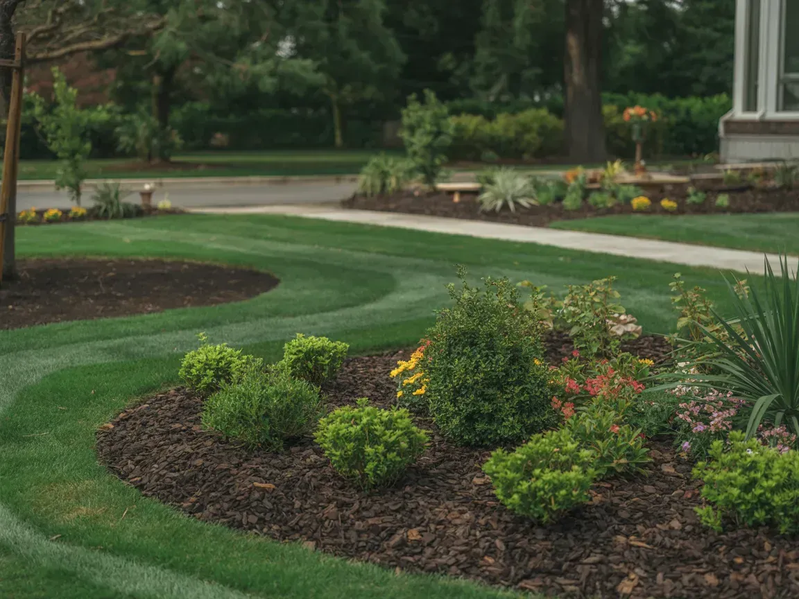 Well-manicured lawn with curved edges and a flower bed filled with green bushes and colorful flowers.
