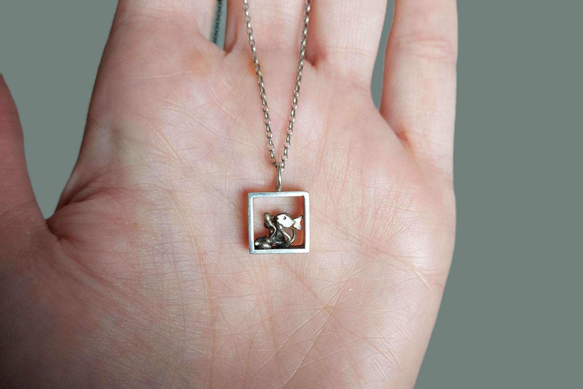  Zilveren ketting, vierkant met vis erin. aquarium, zee venster.