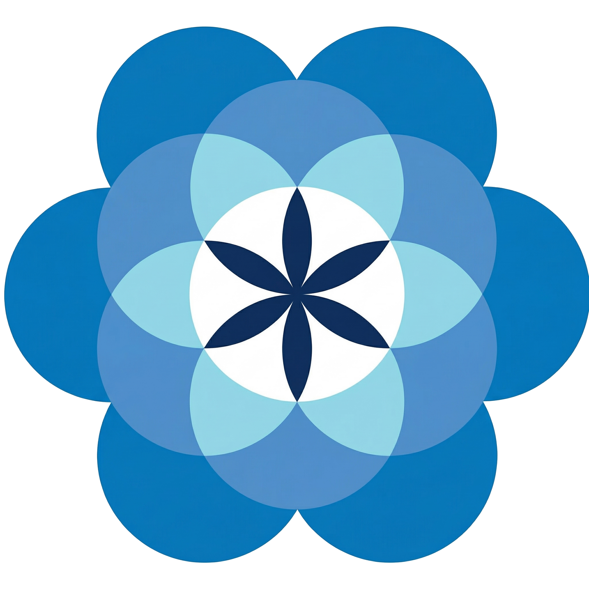 A geometric flower shape formed by overlapping blue circles, with a dark blue, six-petaled star at the center.