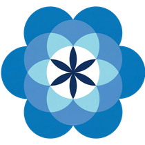 A geometric flower shape formed by overlapping blue circles, with a dark blue, six-petaled star at the center.
