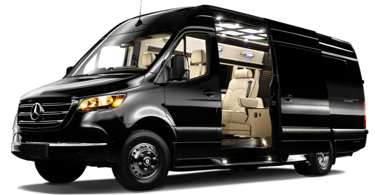 Black Mercedes-Benz Sprinter van with open side door, tan interior, parked outdoors.