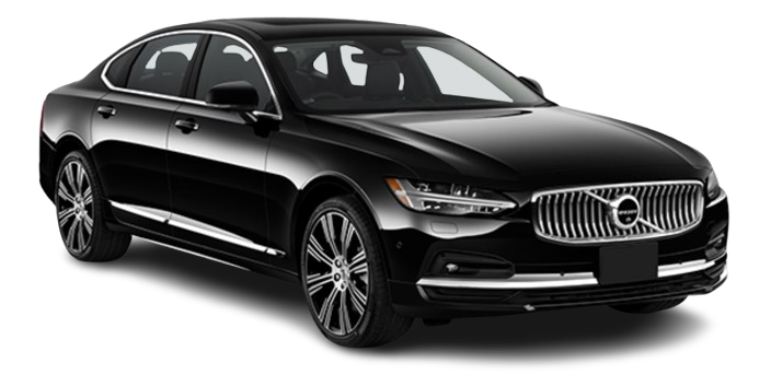 Black Volvo sedan, angled view, parked on white.