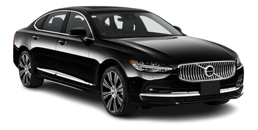 Black Volvo sedan, angled view, parked on white.