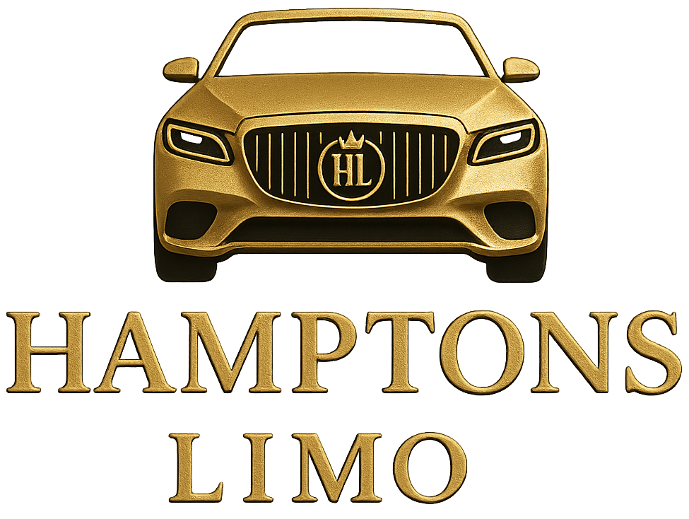Gold limousine, "Hamptons Limo" logo, gold car with "HL" on the grill.