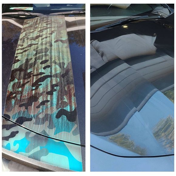 Car hood with camouflage wrap, side-by-side with reflection of interior.