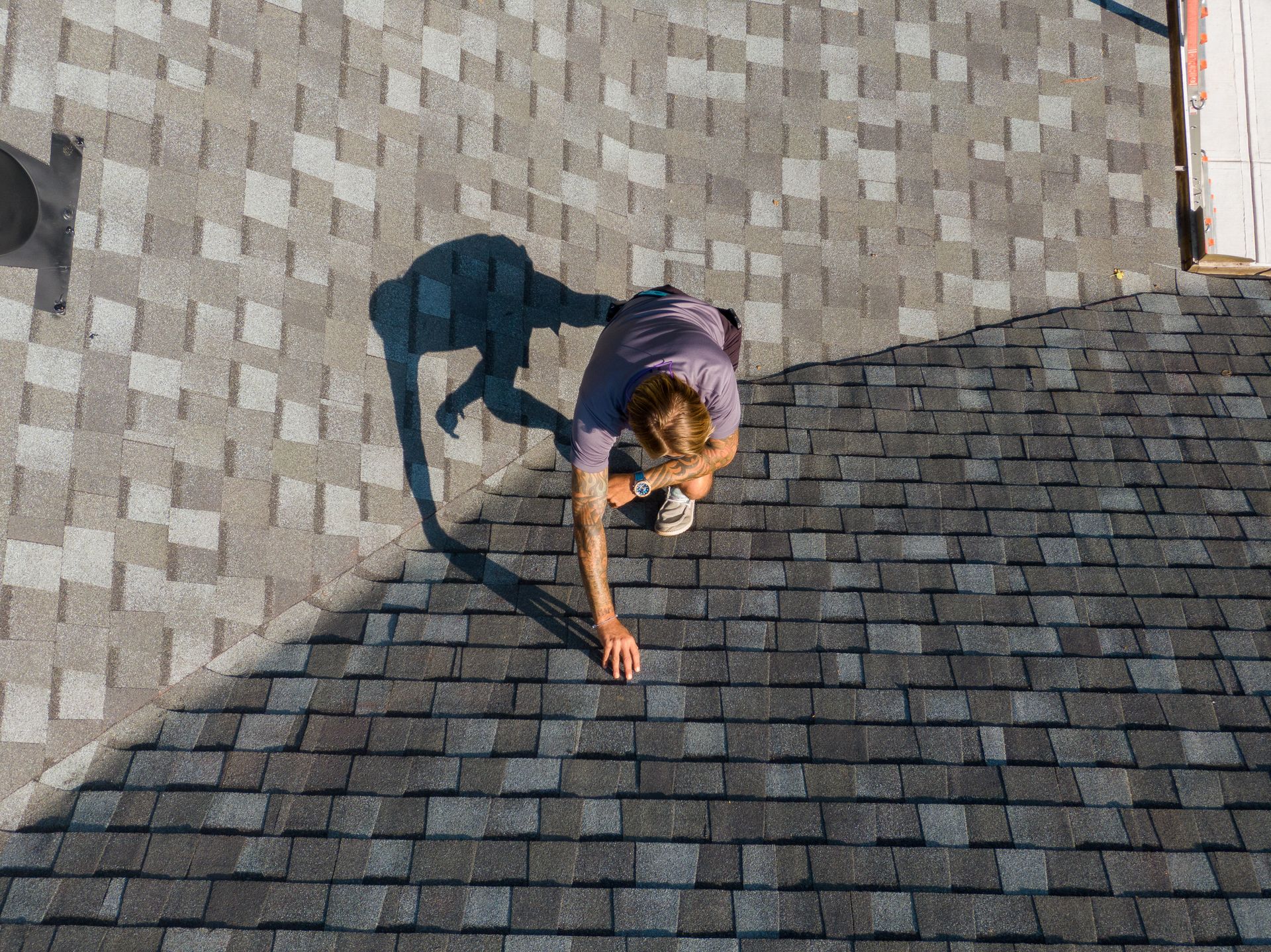 A person kneels on a shingled roof, reaching down to inspect a section of shingles in bright sunlight.