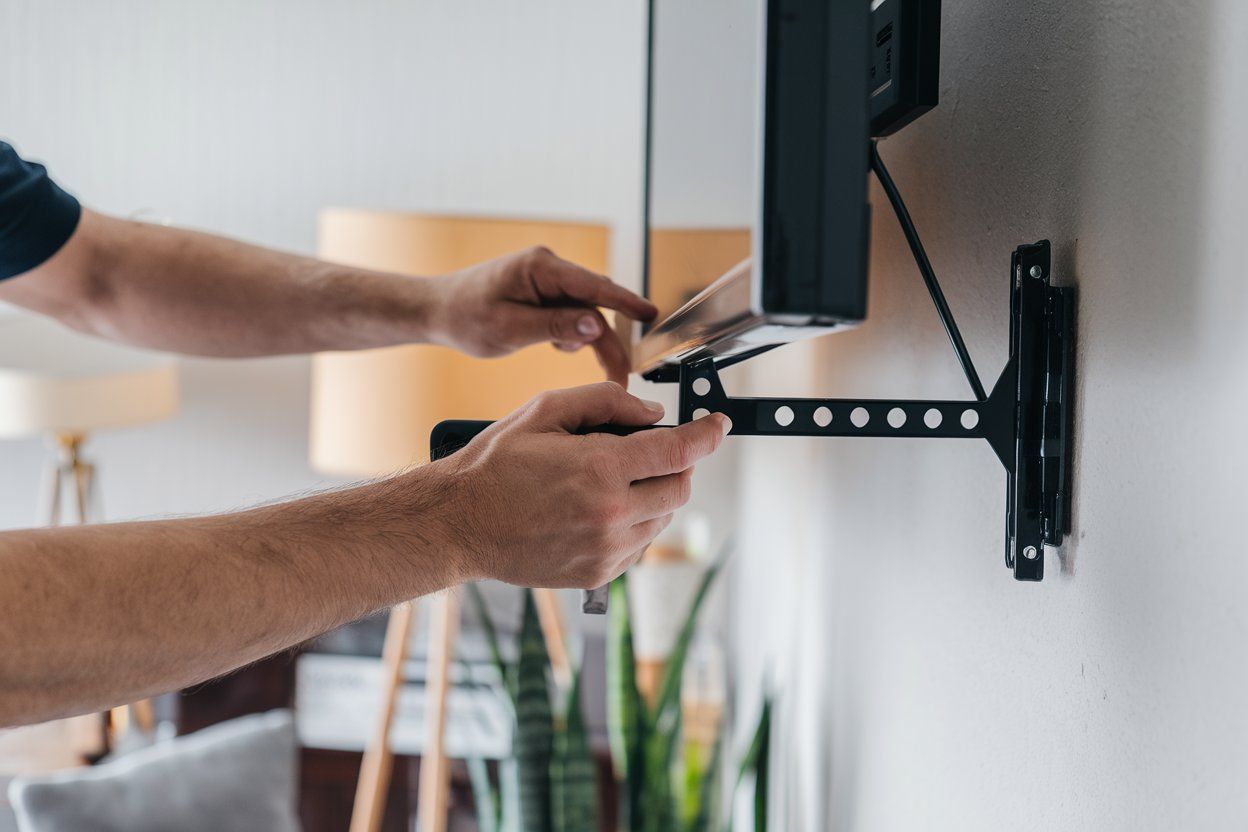 A man is installing a flat screen tv on a wall.