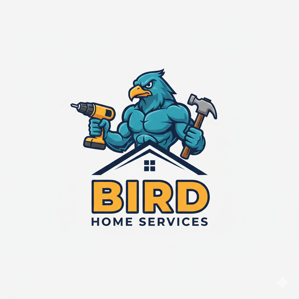 Muscular blue bird holding a drill and hammer above a house outline, "BIRD HOME SERVICES" text.