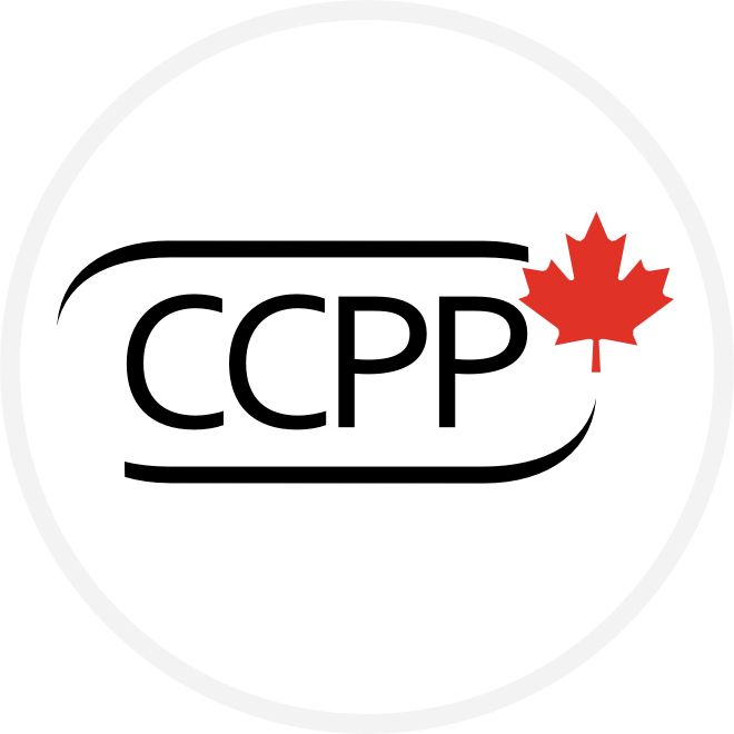Logo with a maple leaf and checkmark,