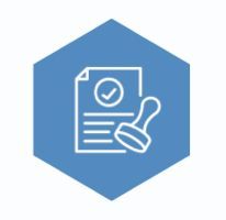 A blue hexagon with white outlines of a document, checkmark, and stamp.
