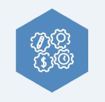 Blue hexagon with white gears, each gear containing an icon: pen, magnifying glass, dollar sign, and clock.